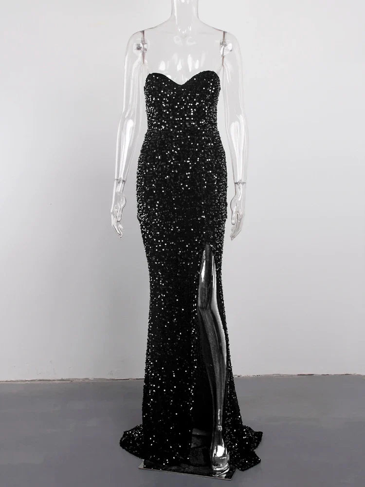 Luxury Sequin Strapless Evening Party Dresses Stretch Velvet Sexy Slit Leg Padded Long Cocktail Prom Dress Wedding Gown