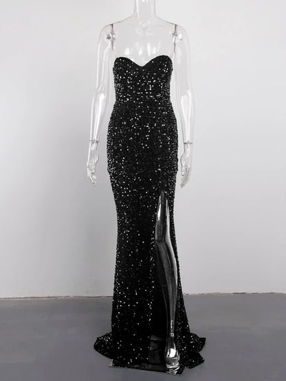 Luxury Sequin Strapless Evening Party Dresses Stretch Velvet Sexy Slit Leg Padded Long Cocktail Prom Dress Wedding Gown