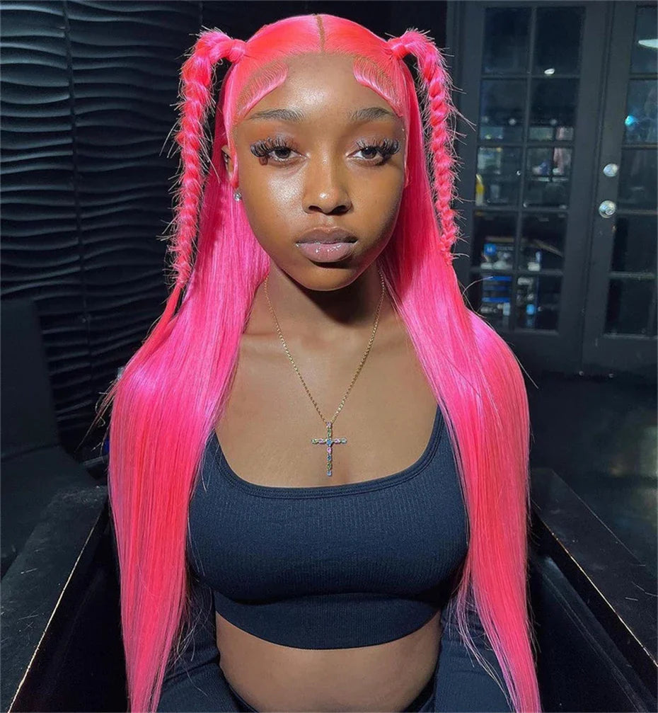 30 36 inch Hot Pink Transparent Lace Front Wig Human Hair 13x6 Lace Frontal Wigs For Women Long Straight Colored Human Hair Wigs