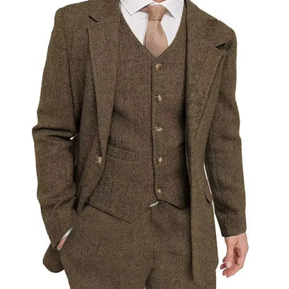 Brown Tweed Sharkskin Men's Formal Suit 3-Piece Smoking Jacket Vest Trousers Business Wedding Grooming