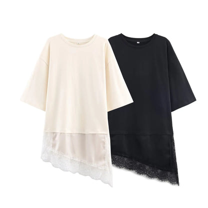 Lace Splice Asymmetry T-shirt  Women Fashion Autumn Winter O-neck loose Tee Top Chic Female Long Sleeved T-Shirts Mjuer