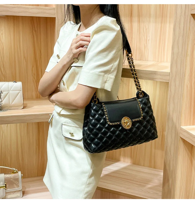 Brand genuine leather chain bag for women in 2025, new designer with a sense of luxury, large capacity underarm shoulder bag