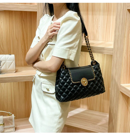 Brand genuine leather chain bag for women in 2025, new designer with a sense of luxury, large capacity underarm shoulder bag