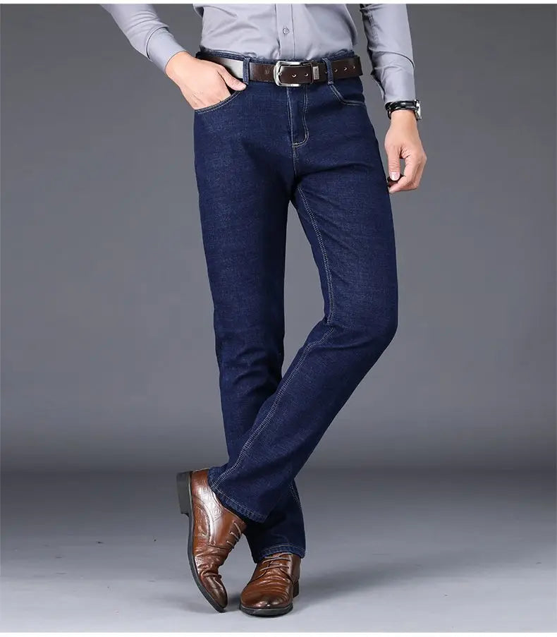 Autumn and Winter New Male Business Casual Stretch Trousers Concise Blue Denim Pants Men's Loose Straight Jeans Jeans for Man