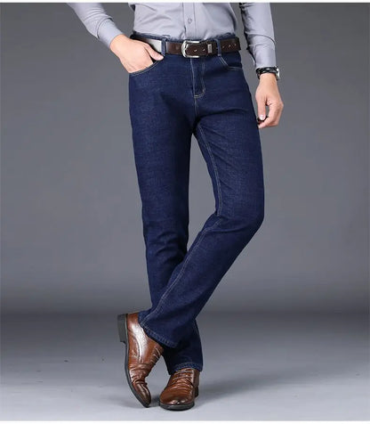 Autumn and Winter New Male Business Casual Stretch Trousers Concise Blue Denim Pants Men's Loose Straight Jeans Jeans for Man