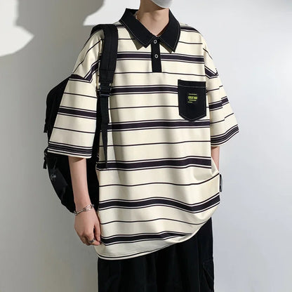 2024 New Summer Men POLO Shirt Trend Loose Clothing Students Short-sleeved T Shirt Tops Round Neck Five-quarter Sleeve Harajuku