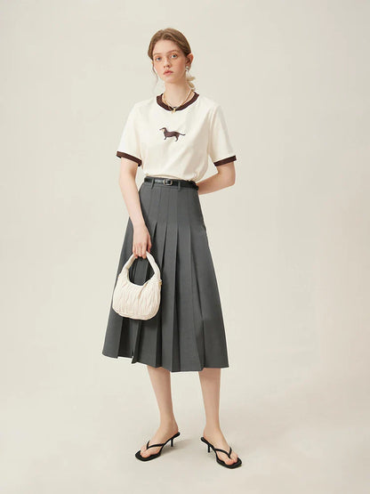 2025 New Arrival Women Zipper Waist Office Lady Elegant Grey Skirt Pleated Design Navy Blue Color Long Skirt Daily Outfits