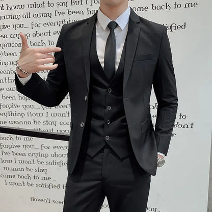 Solid Color Suit Men's Fashionable Gentleman Business Banquet Korean-style Formal Dress Casual Wedding (Blazer+Vest+Trousers)