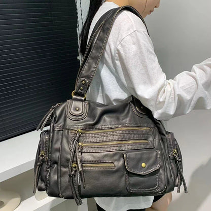 Y2K Hot Women's Punk Biker Tote Bag Large Capacity PU Leather Crossbody Purse with Multi Pockets for Work Commute Moto Style