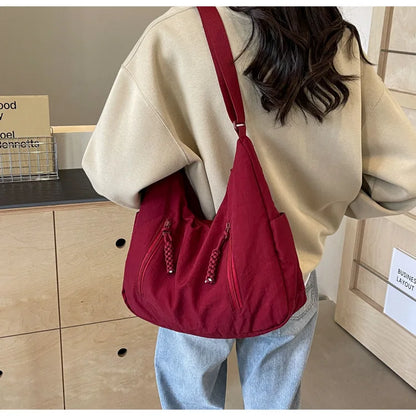 Summer Women Solid Color Shoulder Bag Fashion Lightweight Versatile Travel Crossbody Bag Commuter Nylon Large Capacity Hobo Bag