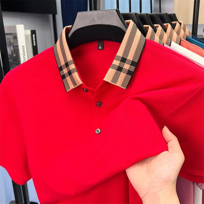 Fashion brand plaid lapel short sleeve polo shirt men summer new style simple solid color high-end business casual golf T-shirt