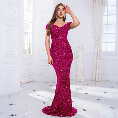 Vestido de Noite Sereia Romagic com Ombro a Ombro Vermelho, Paetê Elástico, Veludo, Gola Cortada, Comprimento Longo, Vestido de Luxo para Festa Feminina