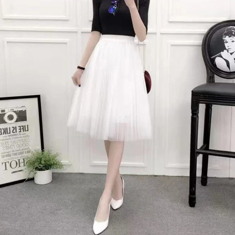 Elegant Women Tulle Skirt  Korean Fashion Mesh White A Line Ladies Pleated Skirt Summer Chic High Waist Black Party Faldas
