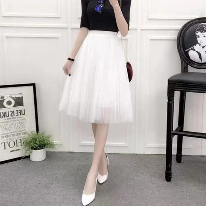 Elegant Women Tulle Skirt  Korean Fashion Mesh White A Line Ladies Pleated Skirt Summer Chic High Waist Black Party Faldas