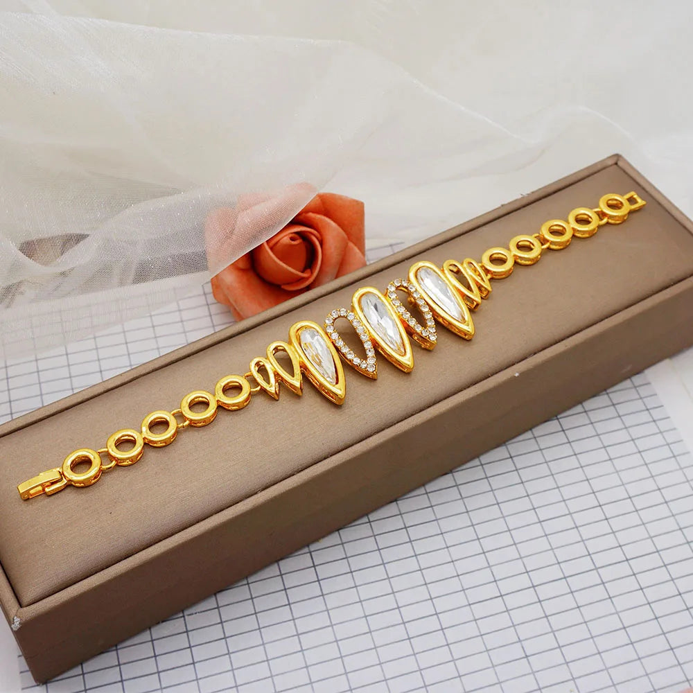 Women Gold Color Jewelry Sets Blue Pendant Necklace Earrings Bracelet Ring Sets Party Gifts