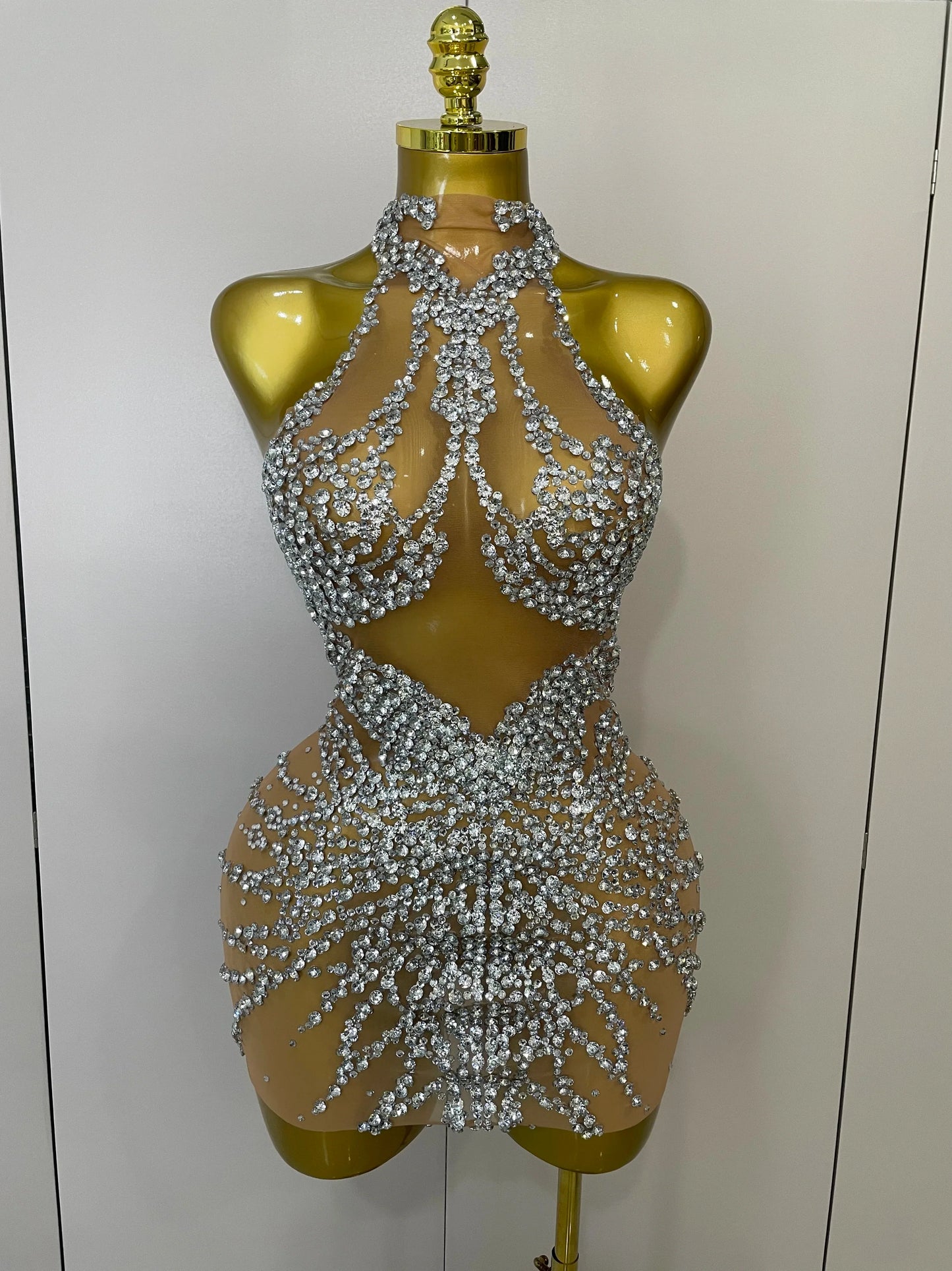 Rhinestones Sexy Mesh See Through Dress Party Evening Prom Celebrate Birthday Dress Singer Dancer Show Stage Wear