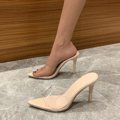 Trendy Sexy Heeled Ladies Pointed Open Toe Slip on Party Stiletto High Heel Clear Mule Slides Woman Nude Transparent Shoes