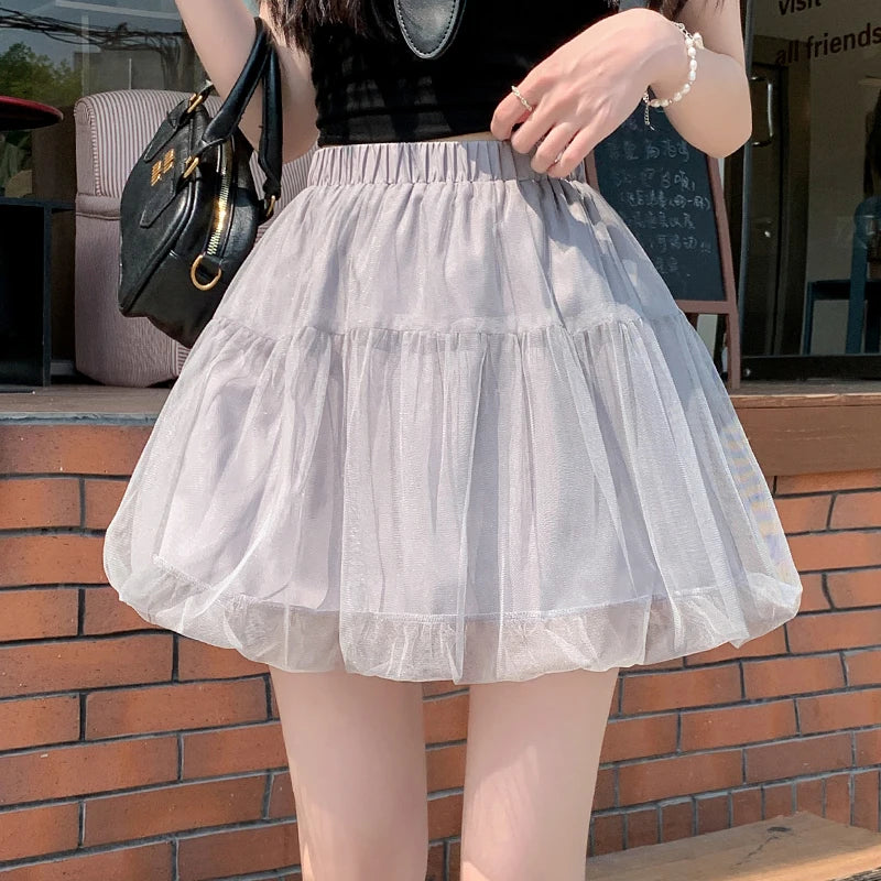 Women Summer 2026 A-Line Mini Skirt Pleated Puffy Short Skirt Korean Fashion Style Flower Bud Skirt Sweet Streetwear Y2k