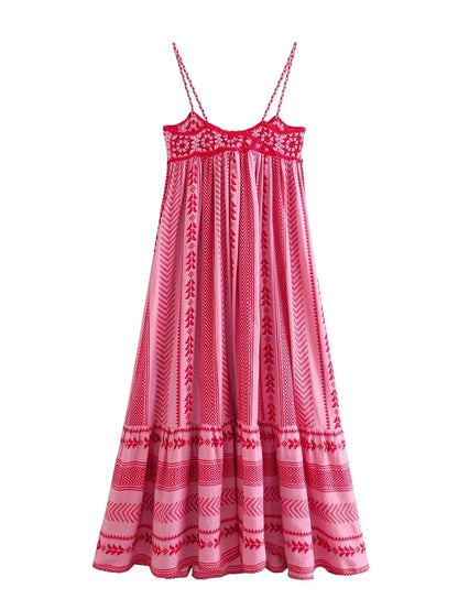 Women Bohemian Midi Dress Vacation Charm Splice Knitted Vintage Strap Dress Women Vestidos Mujer