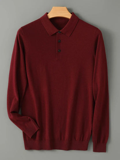 Spring Autumn Men Shirt  Merino Worsted Wool Knitted Pullover Long Sleeve Polo-Collar Clothing Tops Smart Casual Thin Outerwears