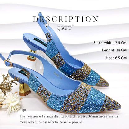 Italian Design Stylish And Elegant Sky Blue Rhinestone Embellished Satin Pointy Toe Pumps And Clutch Bag