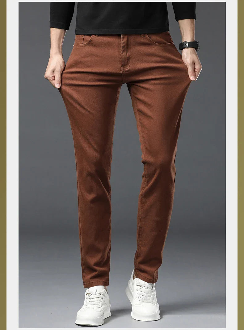 Straight Fashion Men's Jeans Solid Color Casual Business Stretch Washed Denim Trousers Breathable Streetwear Trendy Male Pants