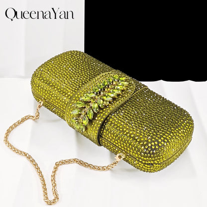 New Arrival Fashionable Olive Color Diamond Decorative Party Wedding Pointed Toe Women's High Heels and Bag Set