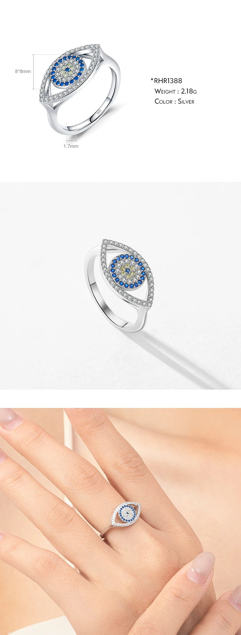 925 Sterling Silver Cute Blue Ghost Eyes Ring Sparkling Clear Cubic Zirconia For Women Fine Fashion Jewelry Birthday Gift