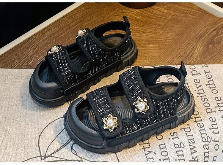 2025 Nice Straw Children Sandals New Arrivals Girls Appliques Metal Decos Sandals for Kids Girl Anti-kick Toe Beach Shoes I03242
