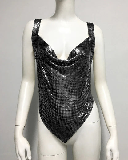 Shiny Metal Sequin Party Tank Top For Women Sexy Deep V Neck Backless Off The Shoulder Camisole Rave Nightclub Crop Top 2024 New