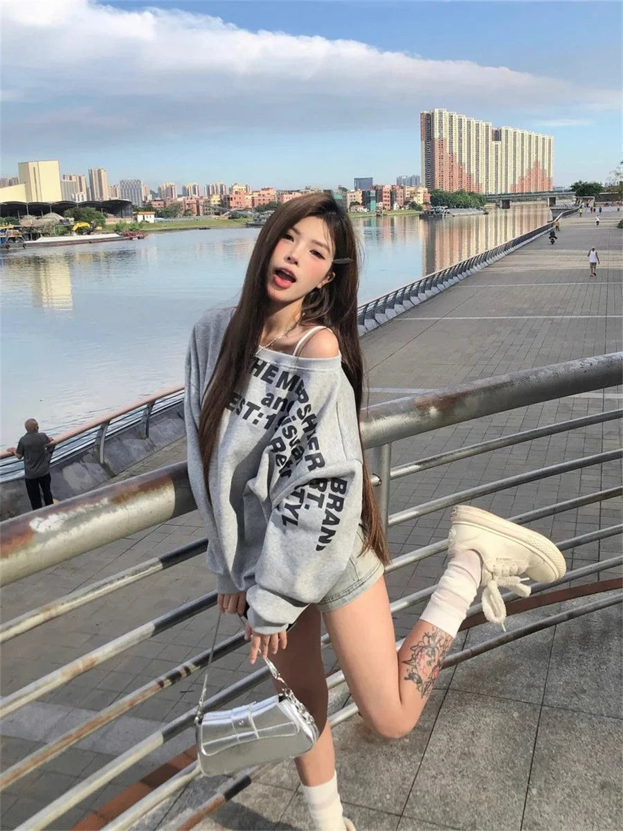 Camiseta Y2K Sexy Oversize Feminina Streetwear Estampada Manga Longa Básica Blusa Feminina Outono 2025 Inverno Coreana Moda Camisa Oversized