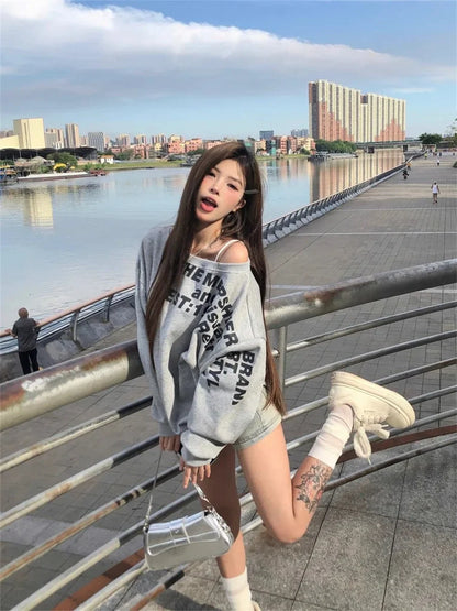 Camiseta Y2K Sexy Oversize Feminina Streetwear Estampada Manga Longa Básica Blusa Feminina Outono 2025 Inverno Coreana Moda Camisa Oversized
