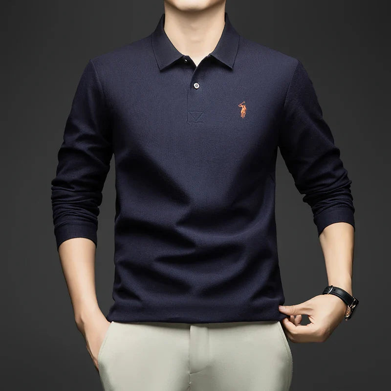 100% Pure Cotton Men's Long Sleeved Polo Shirt, Collar T-shirt, Spring and Autumn Top, No Ironing, Wrinkle Resistant Embroidery