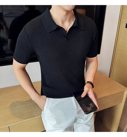 Hollow Knitted Short-Sleeved T-shirt, V-neck Brown Polo Shirt, High-End Quality, Cool, Luxury Genuine Goods，Slim Top