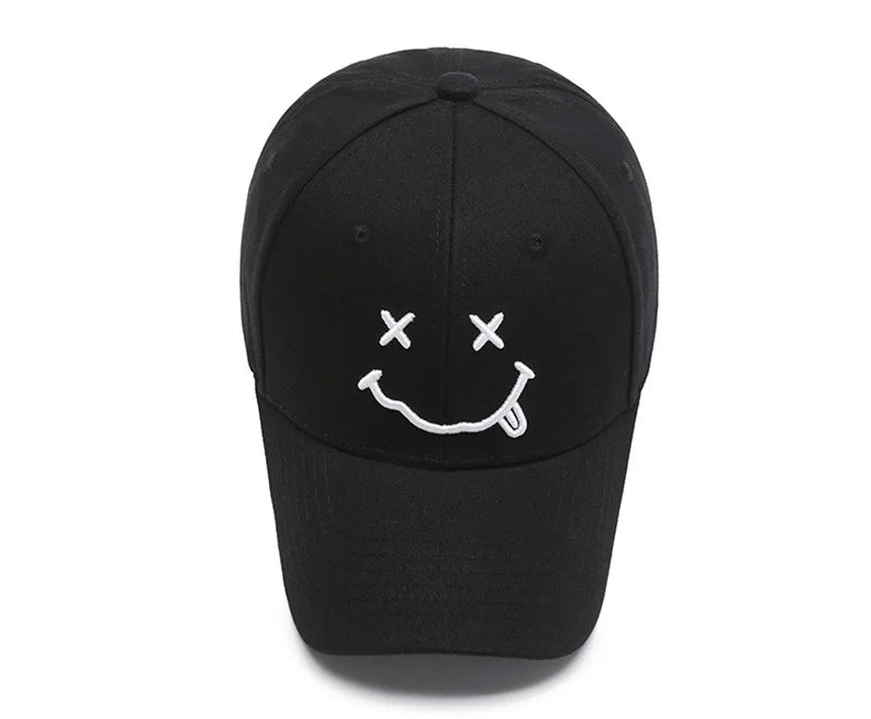 Women's Smiley Face Embroidery Baseball Caps Kpop Black Cotton Adjustable