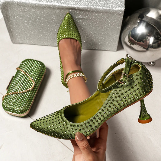 Elegant Italian Design Green Heels and Rhinestone Handbag Set for Nigerian Women - Perfect for Weddings and Parties