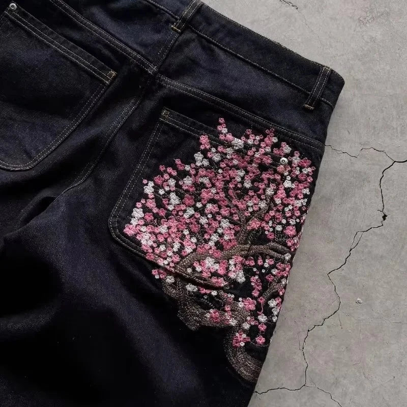 Y2K Harajuku jeans Goth vintage plum blossom embroidery pattern wide leg pants men women denim fabric American style street wear