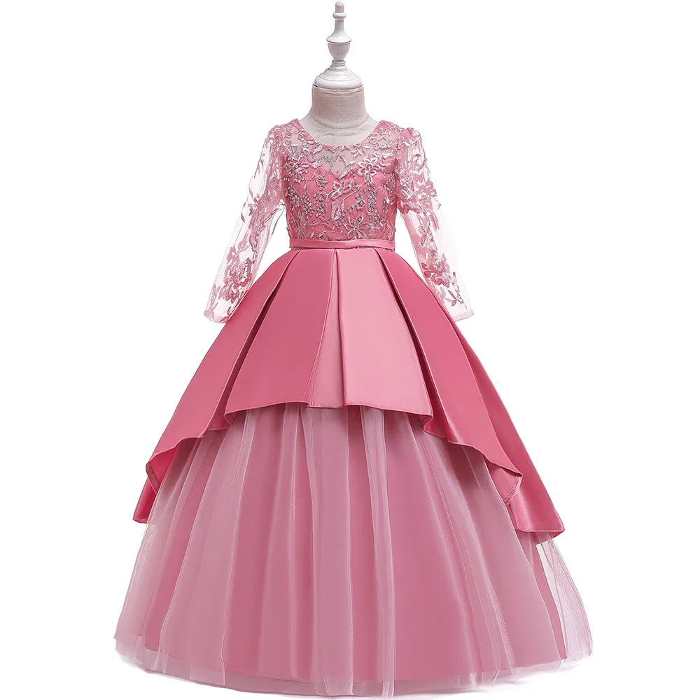 Teens Sequin Bridesmaid Girls Party Dress Long Sleeve First Communion Gown Wedding Party Princess Dresses Bow Christmas Costumes
