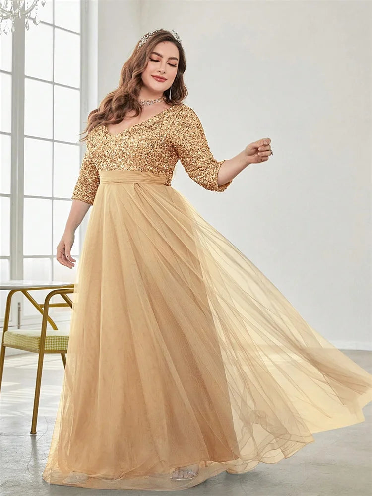 Plus Size Luxury Floor Length V-Neck Evening Dress 2025 Women Elegant Party Maxi Dress Sequin Short Sleeves Prom Cocktail Gown