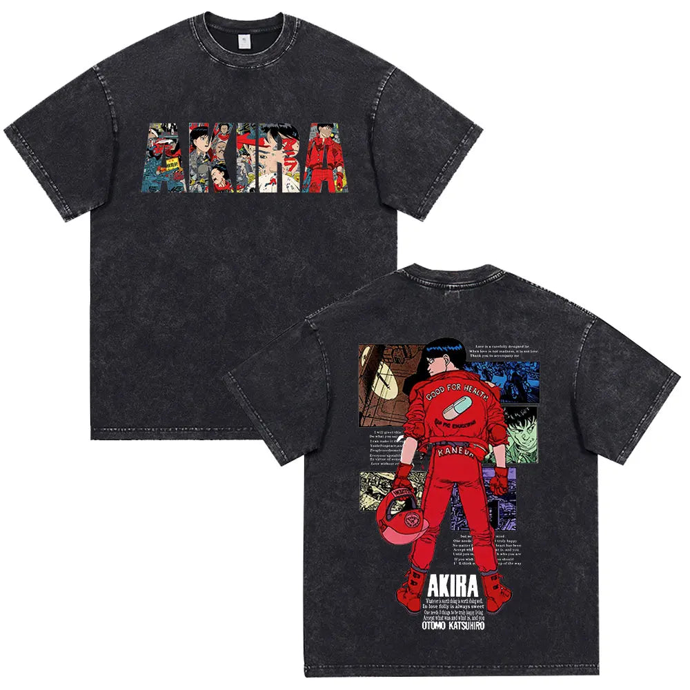 Japanese Anime Akira Washed Vintage T Shirt Science Fiction Cartoon Movie Shotaro Kaneda T-shirt Men Women Cotton Casual T-shirt
