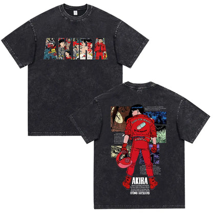 Japanese Anime Akira Washed Vintage T Shirt Science Fiction Cartoon Movie Shotaro Kaneda T-shirt Men Women Cotton Casual T-shirt