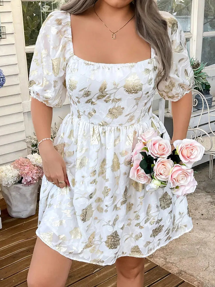 New French Elegant Square Neck Gold Digital Print Plus Size Dress Short Lantern Sleeve Mini Skirt Party Wedding Guest Dresses