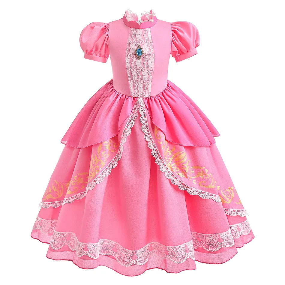 Fantasia de Princesa Pêssego com Luz LED Colorida para Aniversário de Criança Jogo de Roleplay Vestido de Menina para Halloween Festival Rosa Renda 2-9 Anos C
