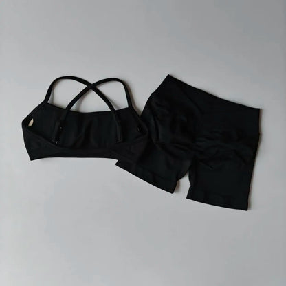 Seamless 2PCS Leggings Set Women Seamless Yoga Set High Waist Scrunch Butt Shorts With Halter Sports Bras Workout Gym Suit Set
