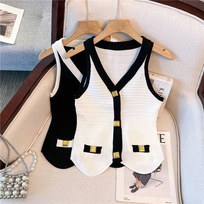 Metal Buttons Patchwork Tank Tops White Crop Top Chic Y2k Sleeveless Summer Knit Tops T-shirt Korean Women's Clothing New