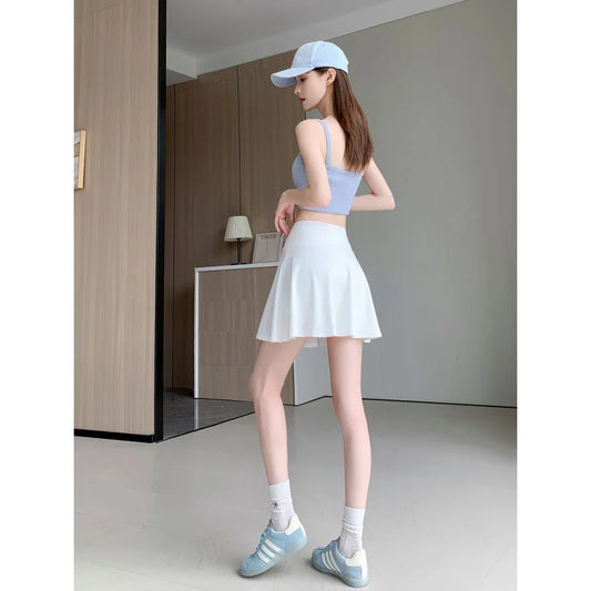 Women Summer Fake Two Pieces Sports Skirt Anti-Chafing Anti-Slip Tennis Badminton Yoga Skirt Pleated White Mini Skirt  Running