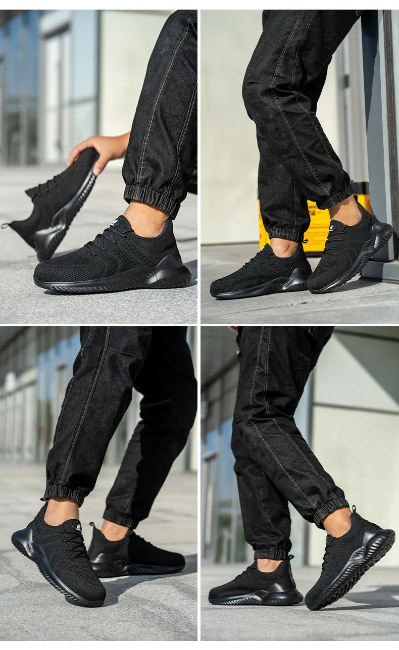 Men‘s Safety Shoes with Steel Toe Puncture Proof Anti-smash Work Sneakers Lightweight Breathable Black Sneakers for Construction