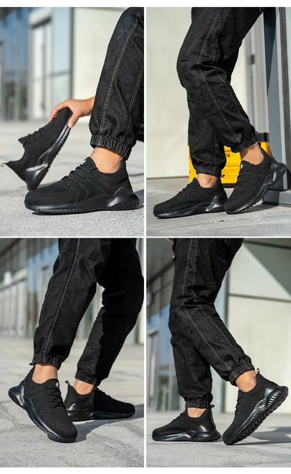 Men‘s Safety Shoes with Steel Toe Puncture Proof Anti-smash Work Sneakers Lightweight Breathable Black Sneakers for Construction