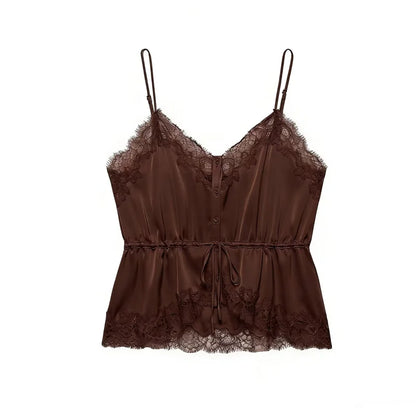 Women's Top 2026 New Spring Summer Lace Decoration Satin Textured Top for Women Chic Personality Female Spaghetti Strap Top