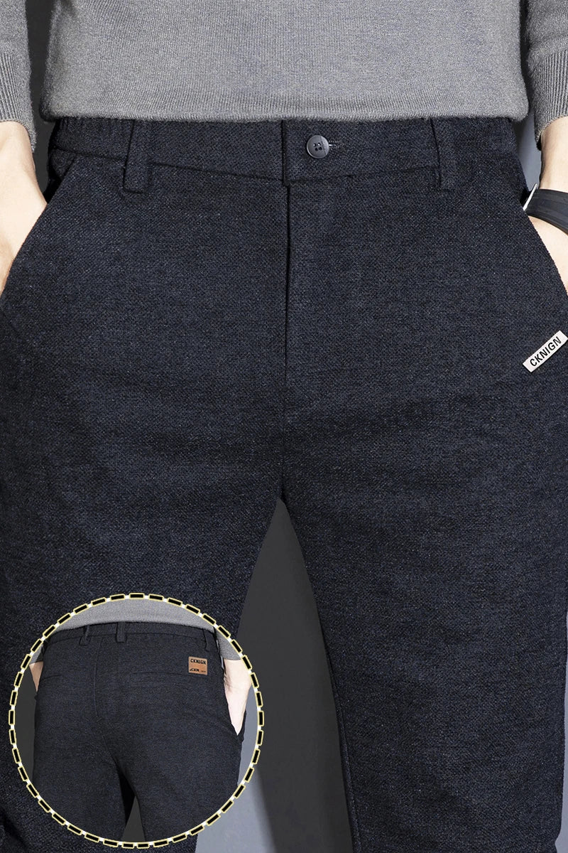 Men's Solid Straight Casual Pants Autumn Woolen Slim Fit Office Pants Vintage Elastic Waist Youth Trousers Everyday Wear